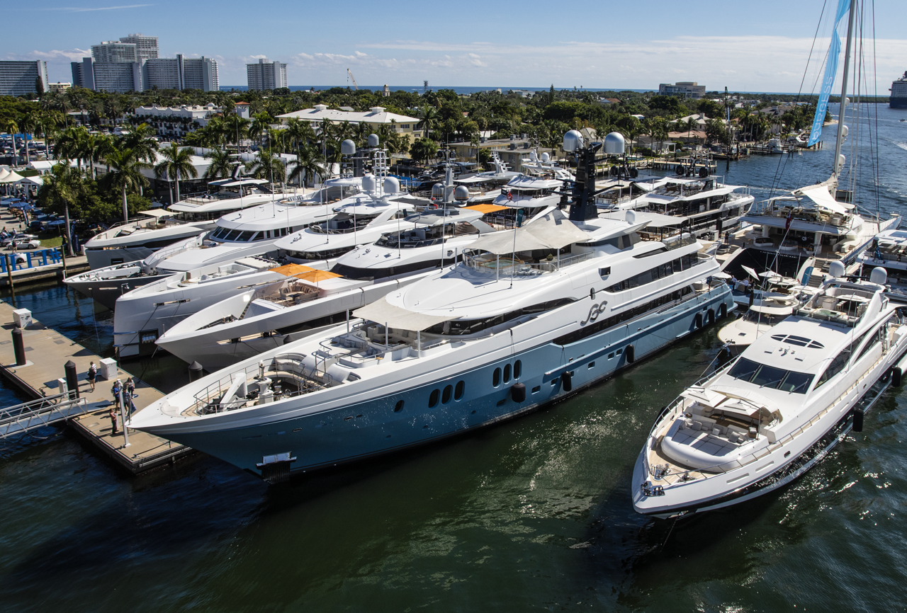 Aerial view of Fort Lauderdale's marinas and intracoastal waterway lined with yachts