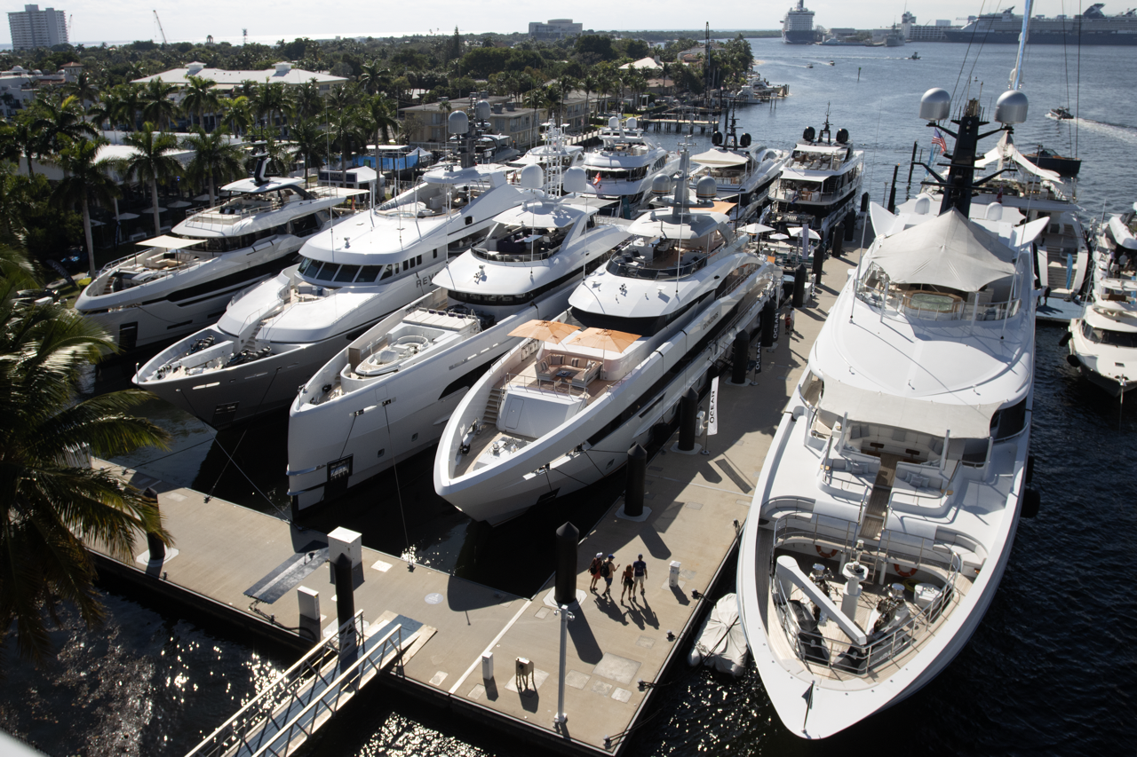 Large superyachts berthed side by side in the show's dedicated superyacht basin