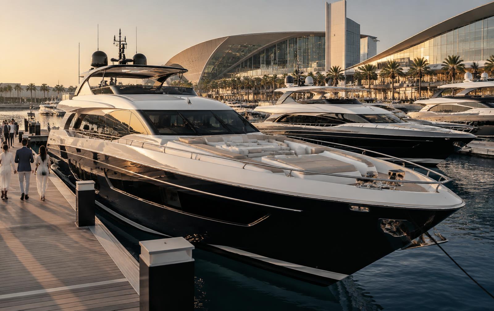 Motor yachts moored at an Abu Dhabi marina during a private yacht-show visit
