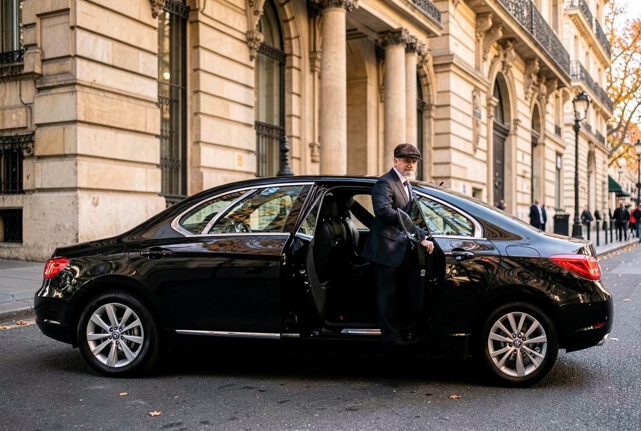 A chauffeur holding open the rear door of a black sedan beside a Parisian stone facade