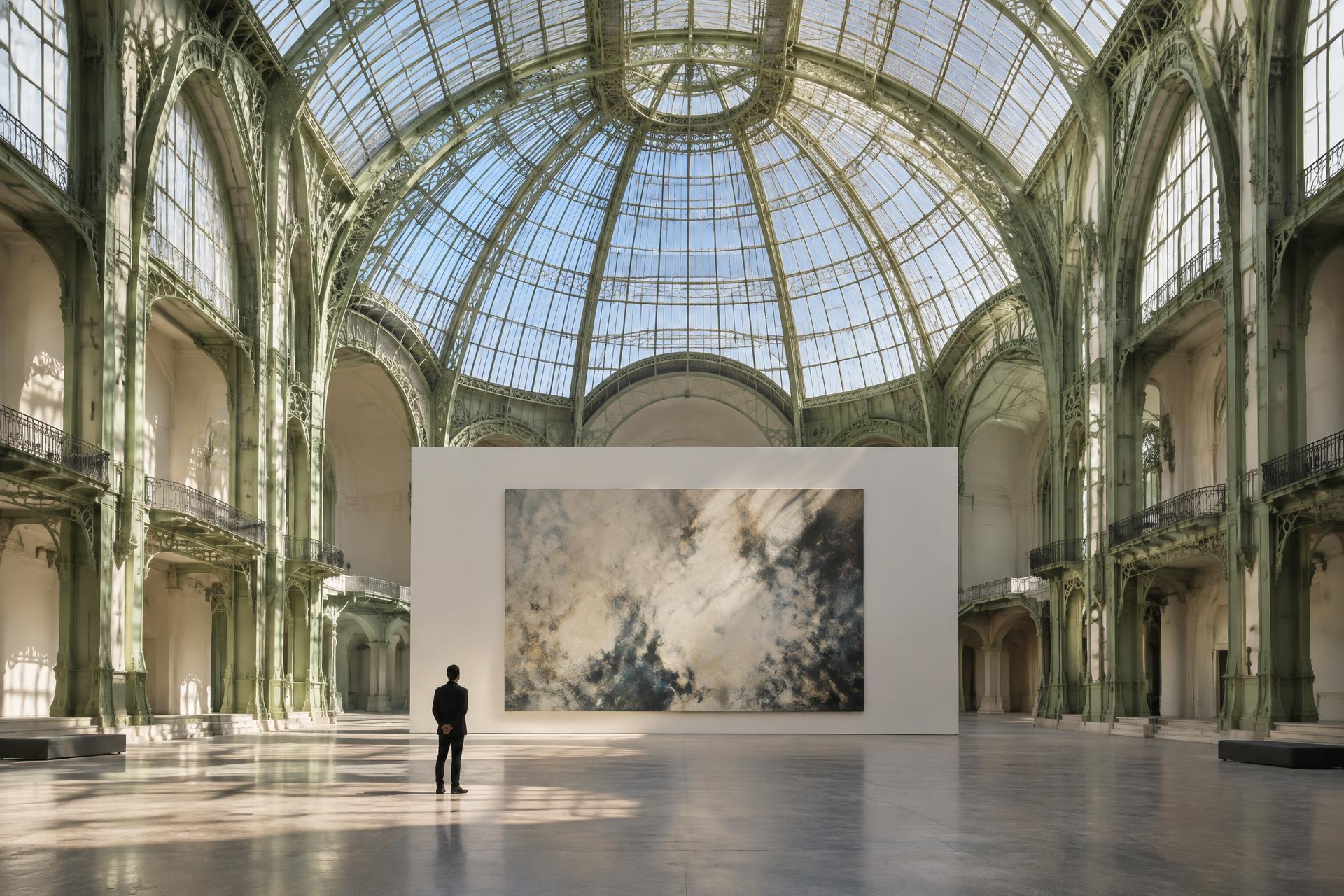 One large artwork and a single collector beneath the glass roof of the Grand Palais in Paris