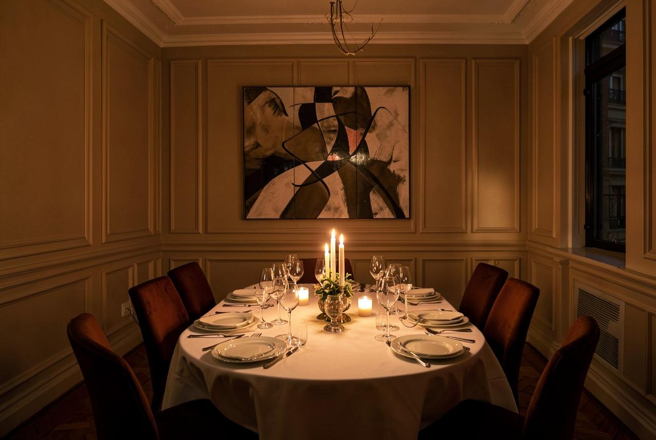 A candlelit private dining room in a panelled Paris townhouse with a contemporary artwork