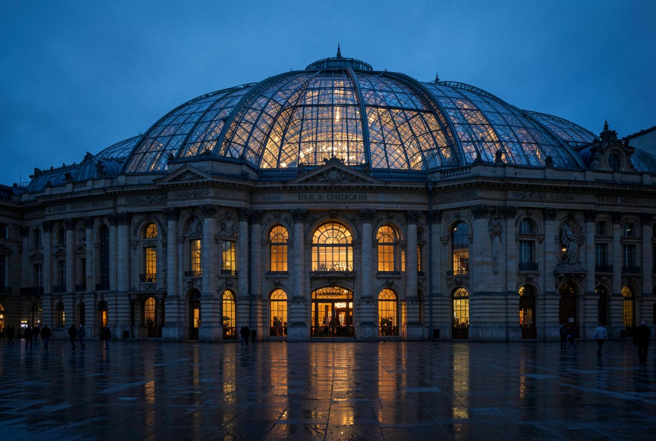 The glass-domed exterior of the Grand Palais in Paris at dusk