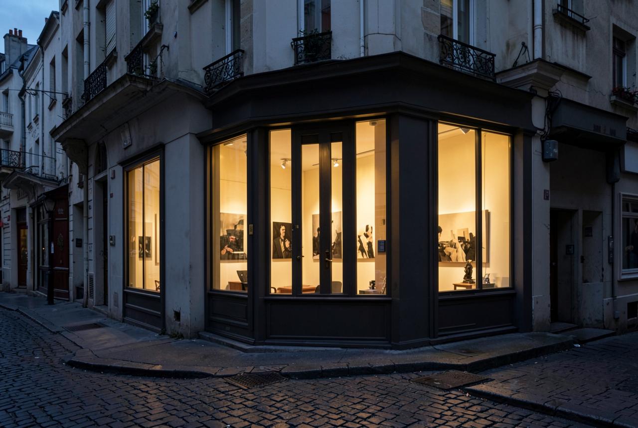 A discreet Parisian gallery frontage with warm interior light on a quiet Marais street at dusk