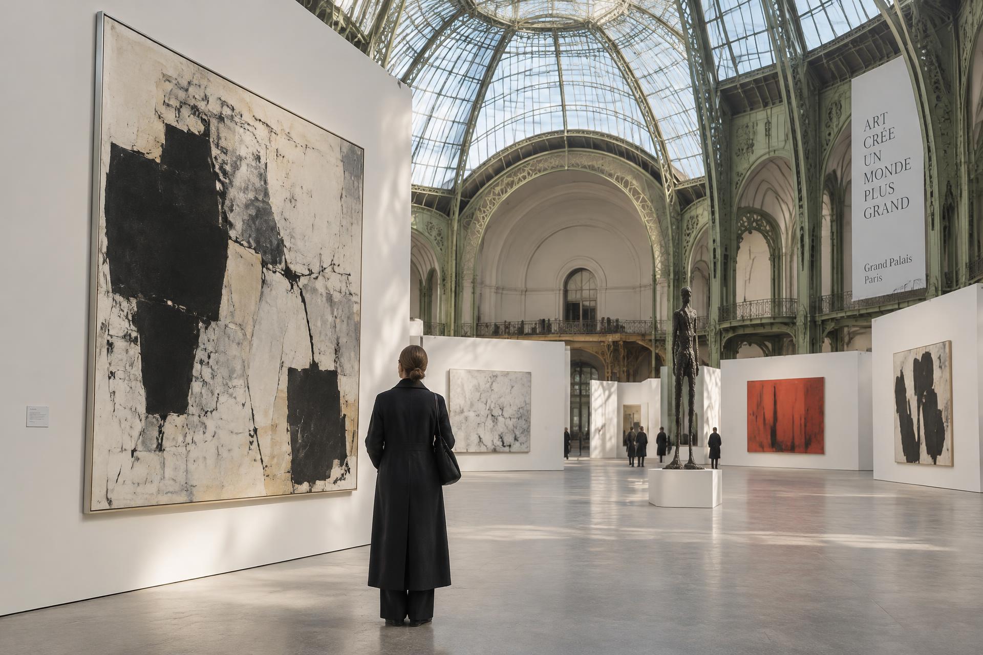 A collector viewing a large contemporary painting beneath the monumental glass roof of the Grand Palais in Paris