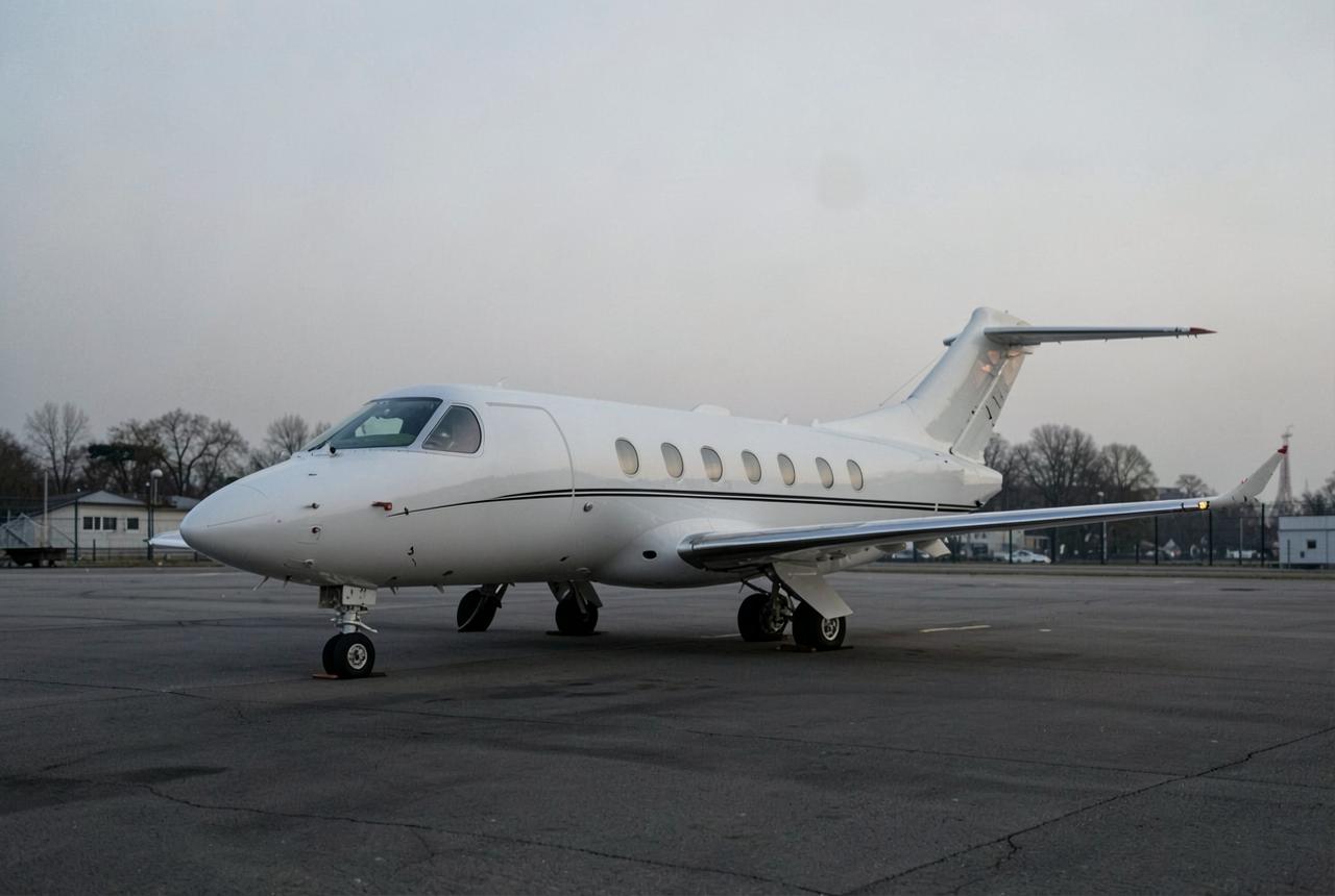 A private jet on a quiet business aviation apron near Paris in soft morning light
