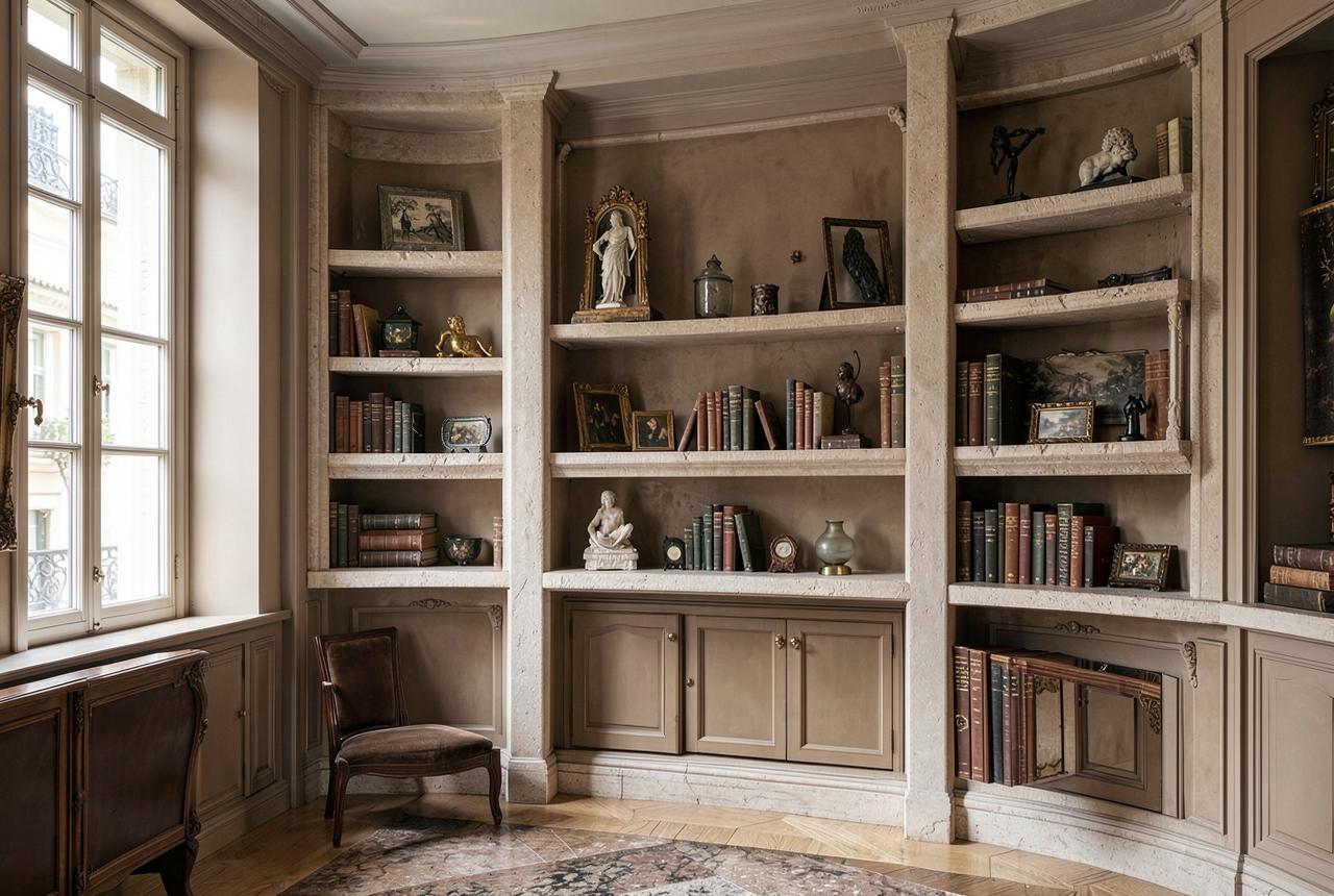 Antiques, design objects and rare books on stone shelves in a Parisian salon