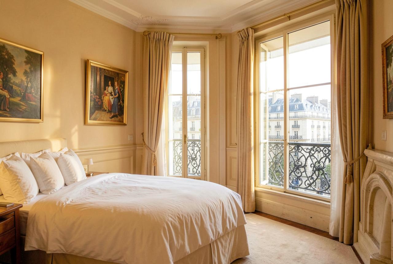 A calm Parisian Palace hotel suite in ivory tones with French windows over Haussmann rooftops