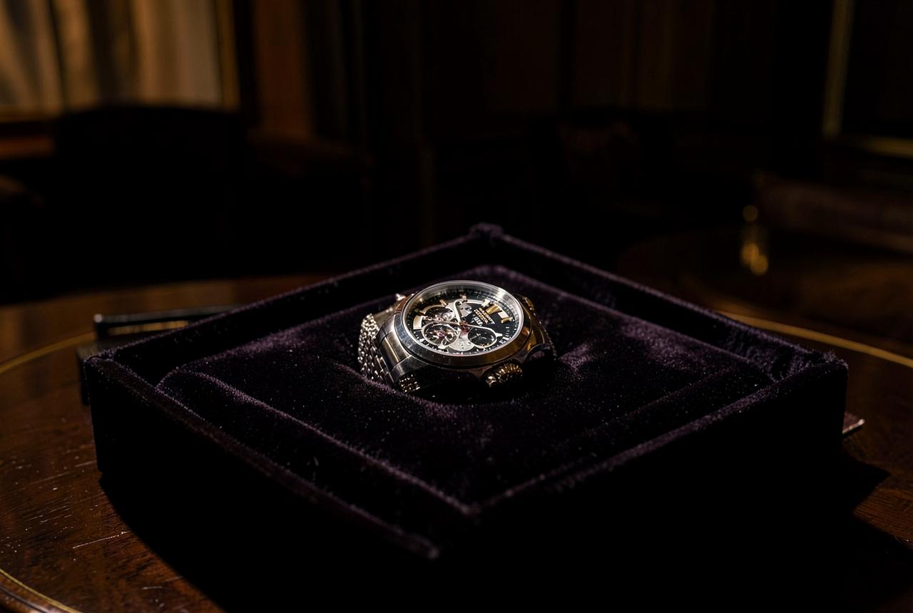 A fine mechanical wristwatch on a dark velvet tray in a discreet Paris salon