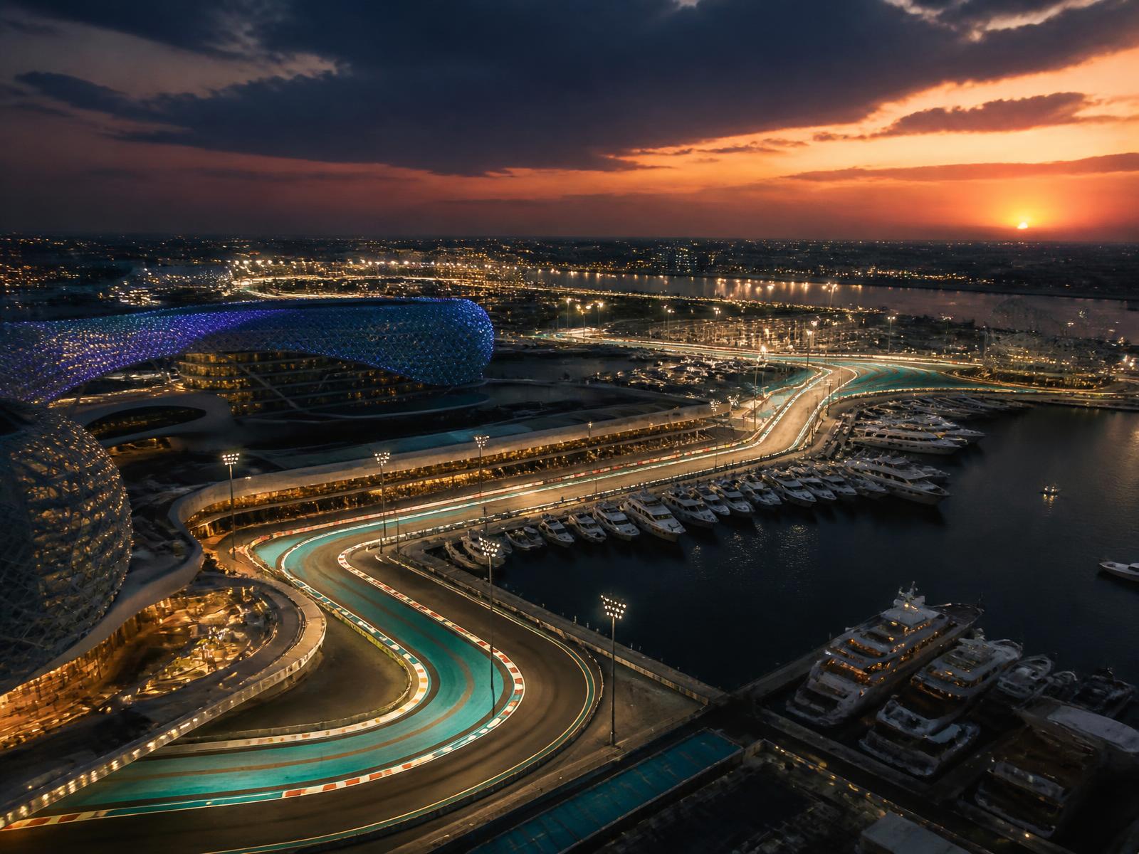 Yas Marina-style circuit and marina illuminated at sunset