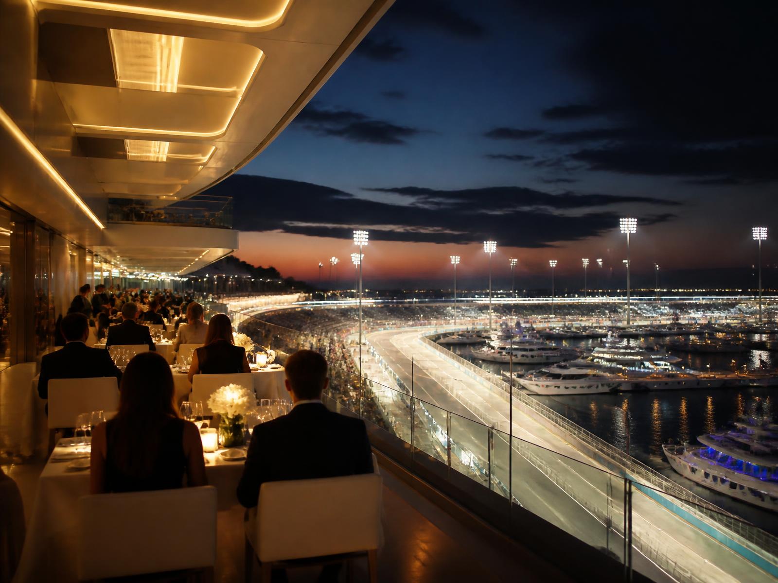 Premium hospitality terrace overlooking the marina circuit at twilight