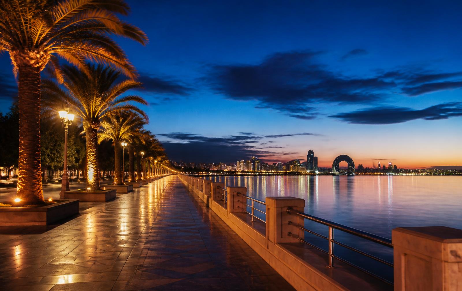 Caspian Sea waterfront promenade in Baku at blue hour