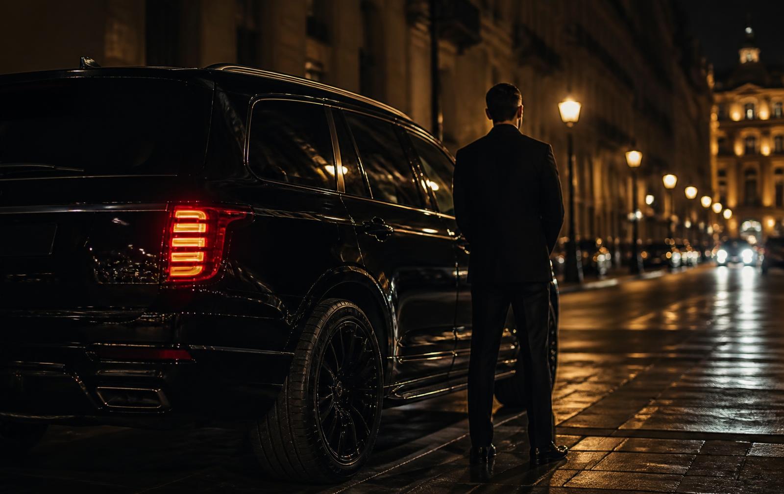 Chauffeur waiting beside a black luxury SUV on a lamplit city street at night