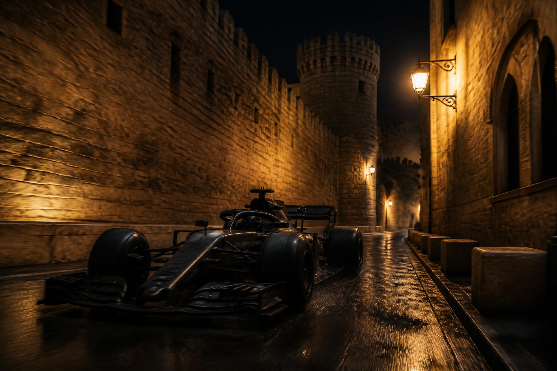 Formula-style race car at speed beside the ancient stone walls of Baku's old city at night