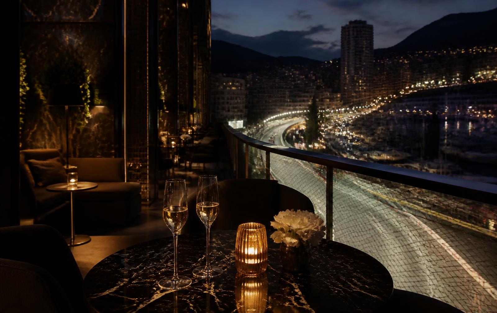 Dark luxury hospitality terrace overlooking a city street circuit at dusk
