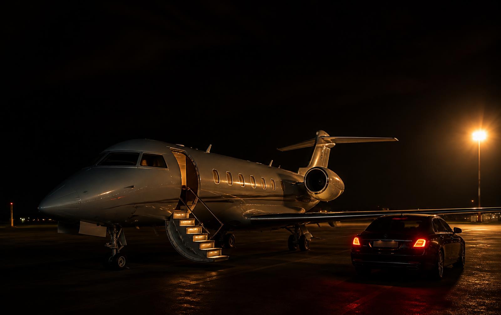 Private jet on a dark apron at night with a black car waiting beside the stairs