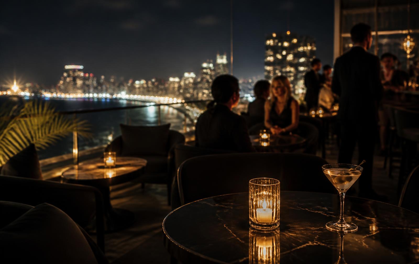Rooftop cocktail bar at night above a glittering Caspian city skyline