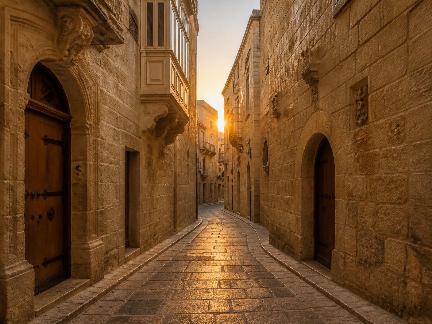Narrow ancient stone street in Baku's old walled city at golden hour