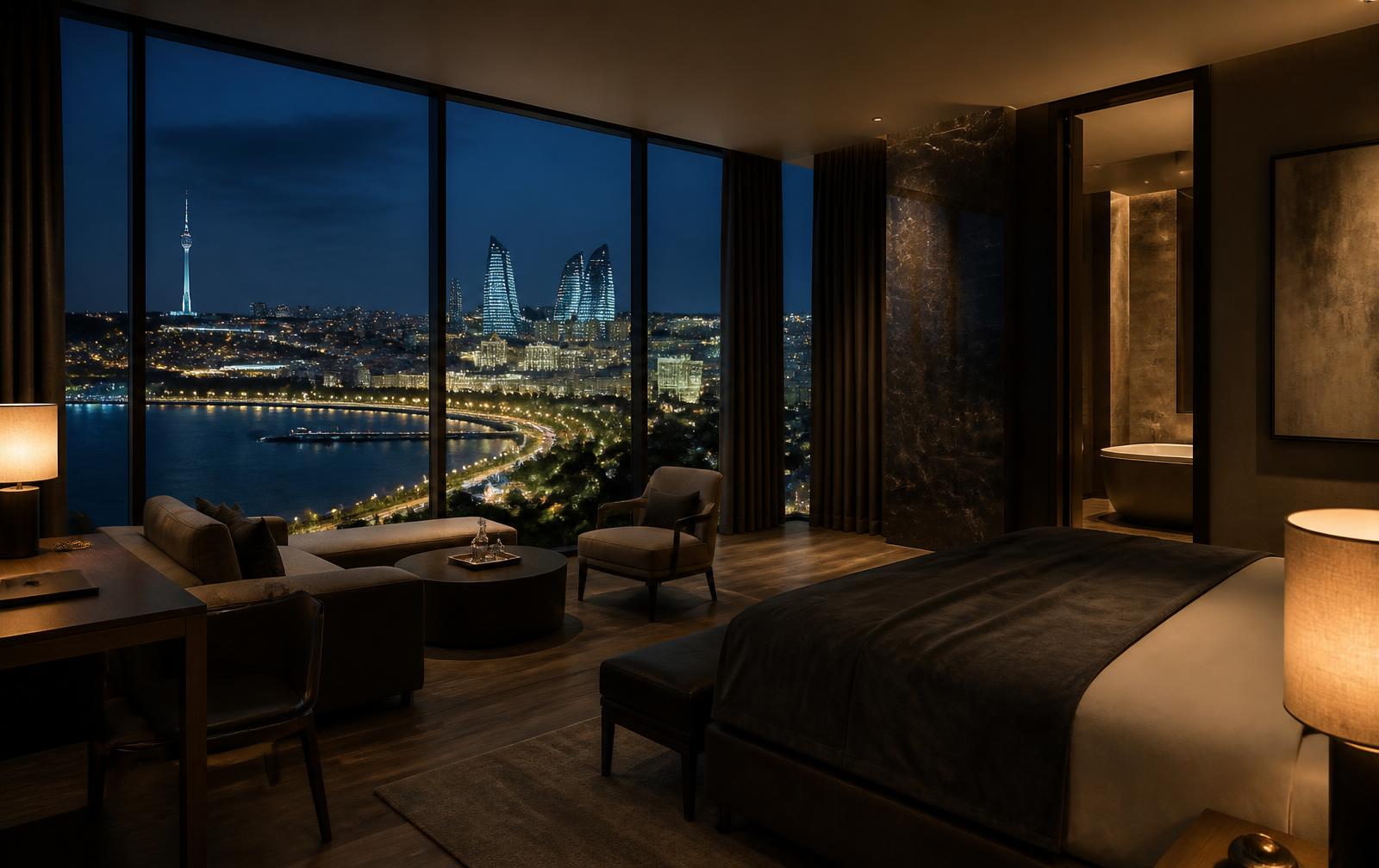 Luxury hotel suite at night with floor-to-ceiling windows above a lit Caspian waterfront