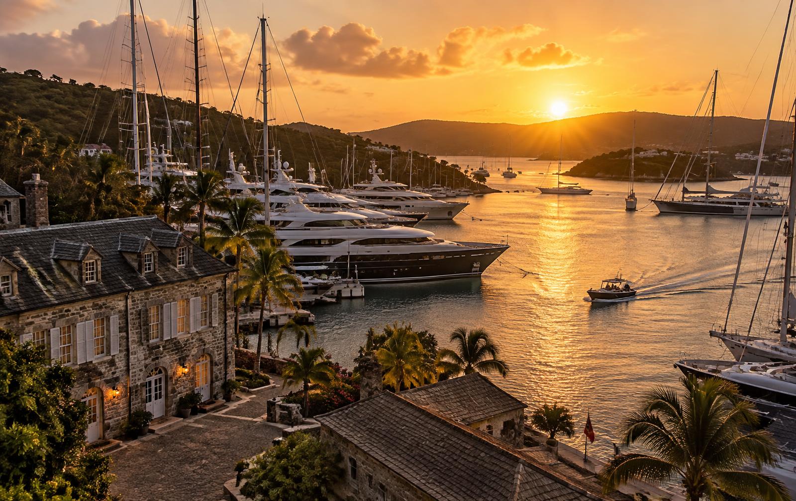 English Harbour Antigua with superyachts at sunset