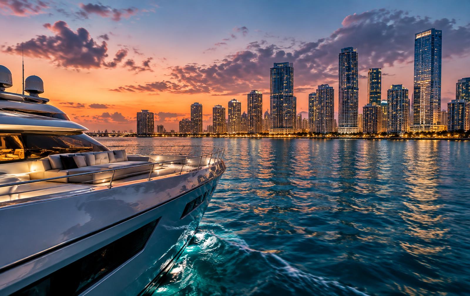 Miami Art Week collector dinner and waterfront skyline at twilight