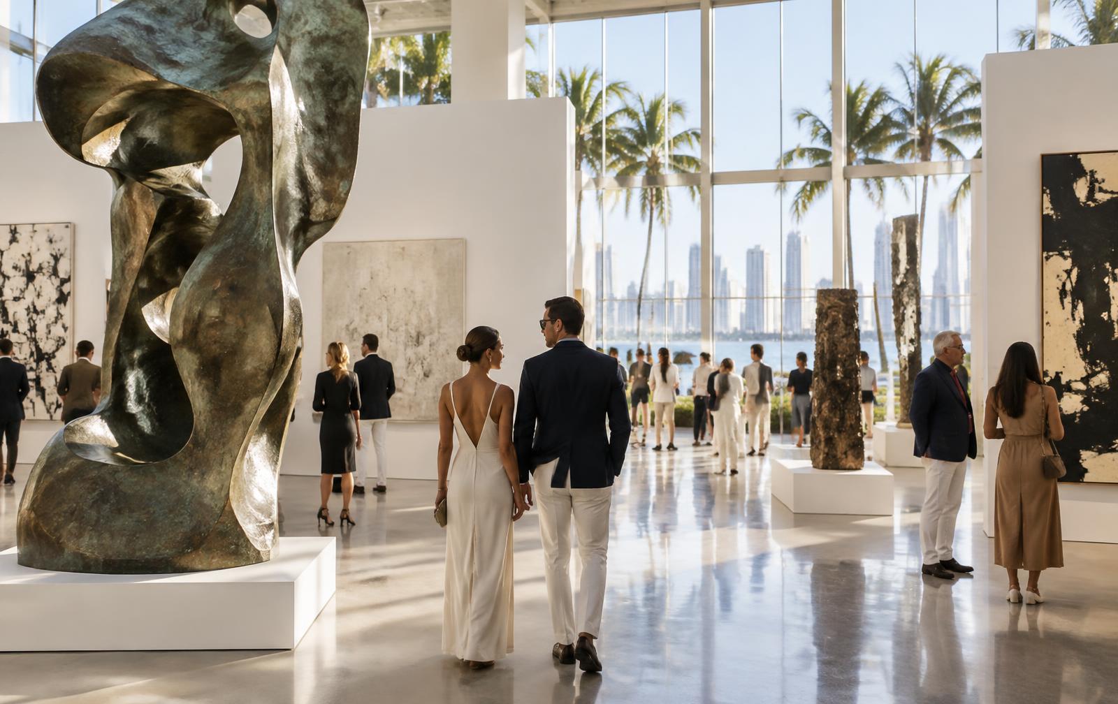 Collector arriving at a cinematic Miami Art Week fair setting at night