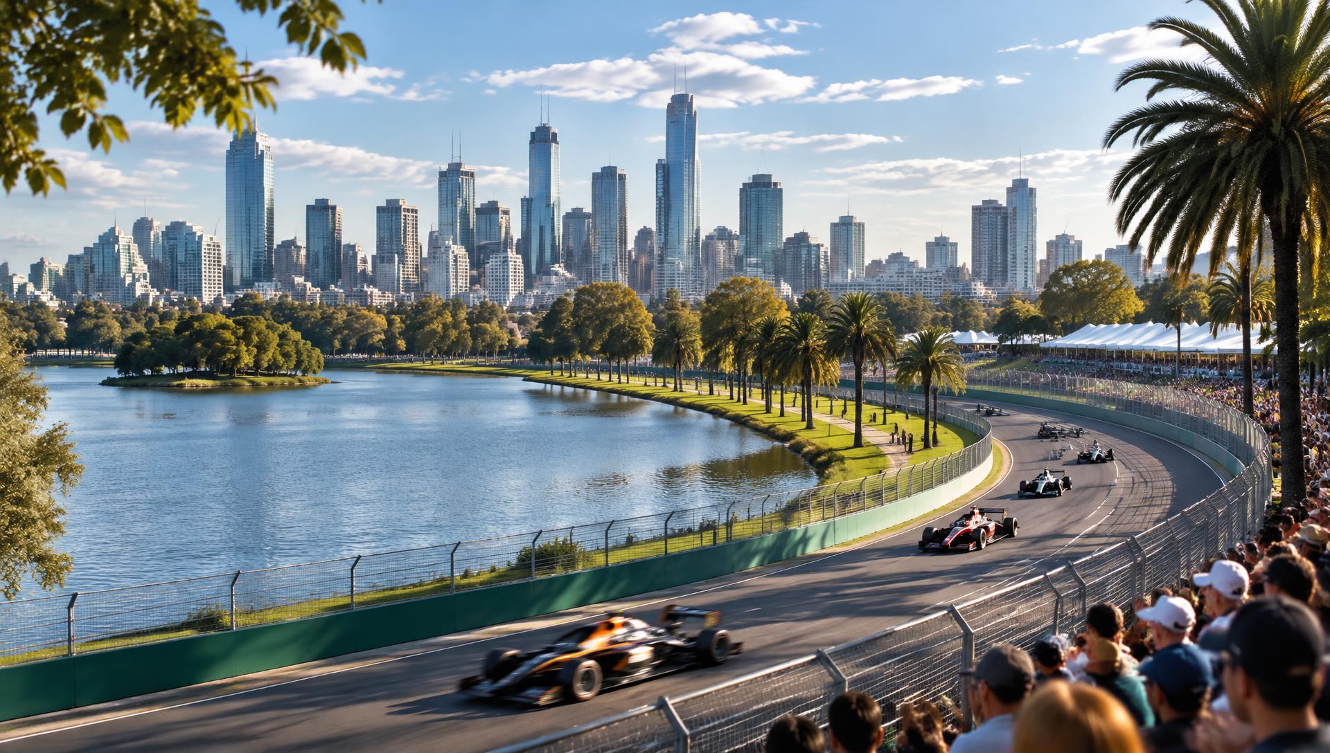 Open-wheel racing beside Albert Park Lake and the Melbourne skyline