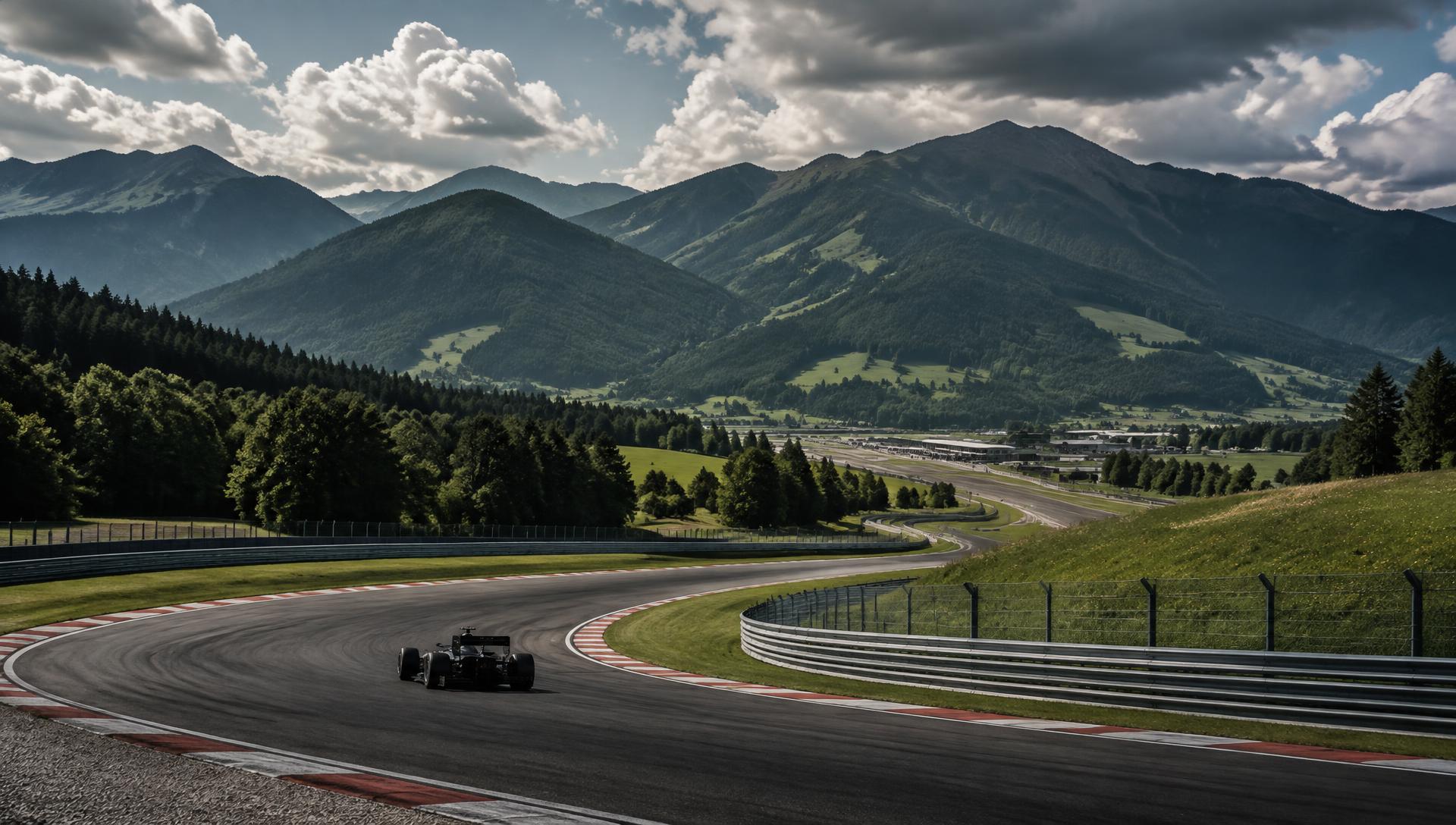Black Formula 1 car at the Red Bull Ring framed by green Styrian mountains