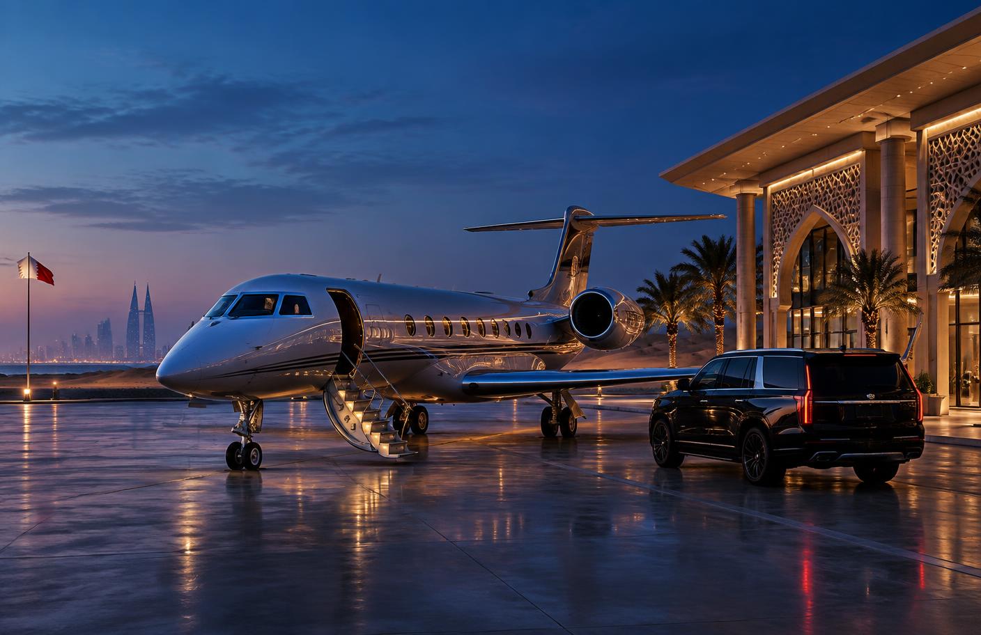 Private jet on a Bahrain runway at dusk