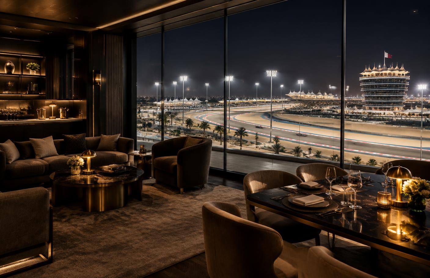Premium race hospitality overlooking a floodlit circuit