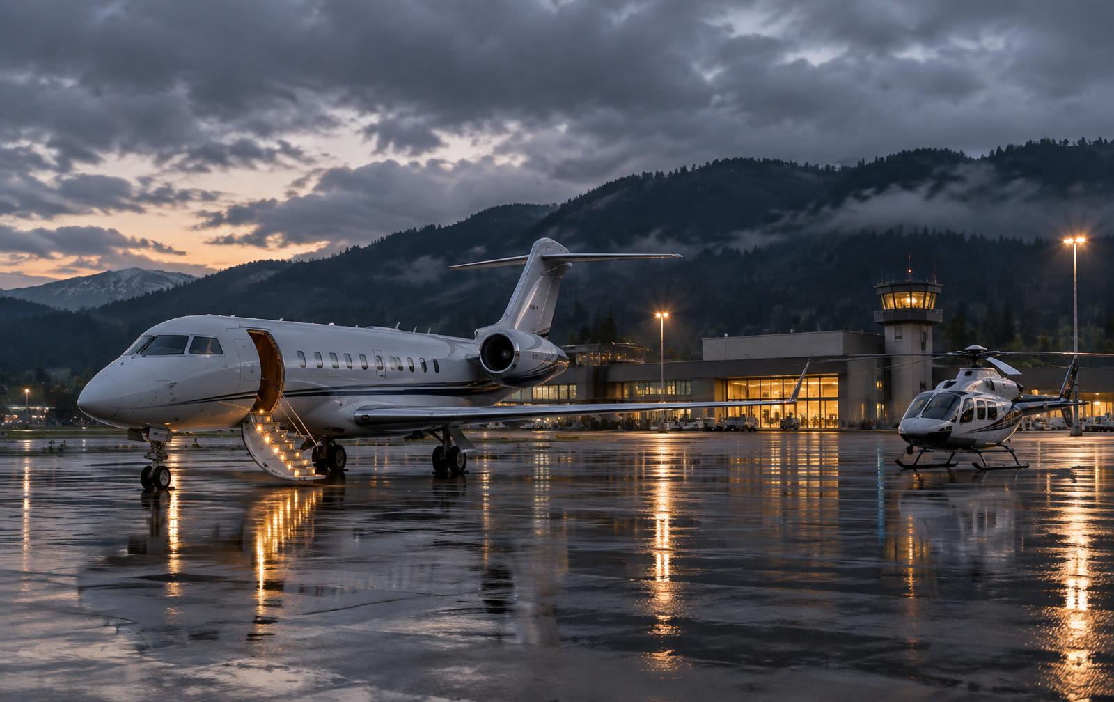 Private jet and helicopter on a wet apron with forested hills behind