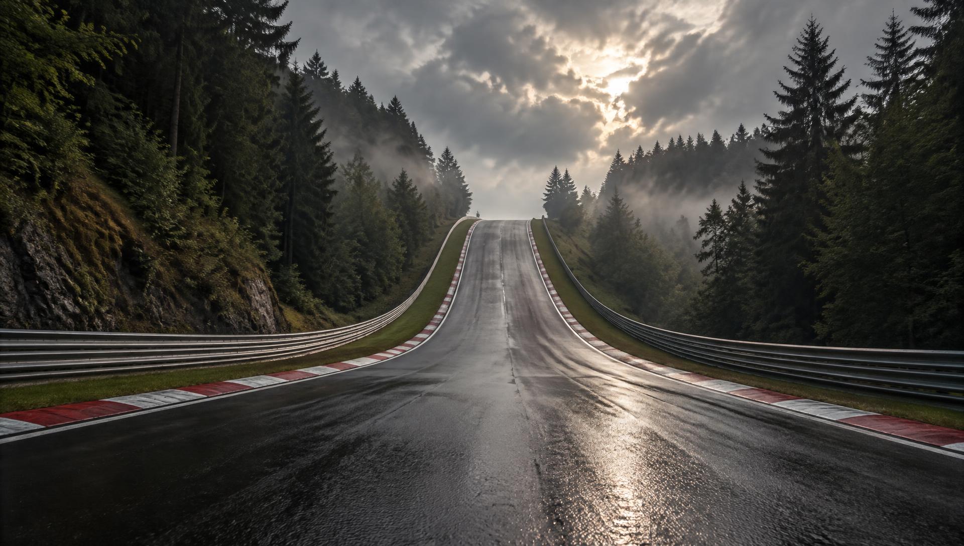 Wet asphalt climbing a steep hill between dense Ardennes forest under heavy cloud