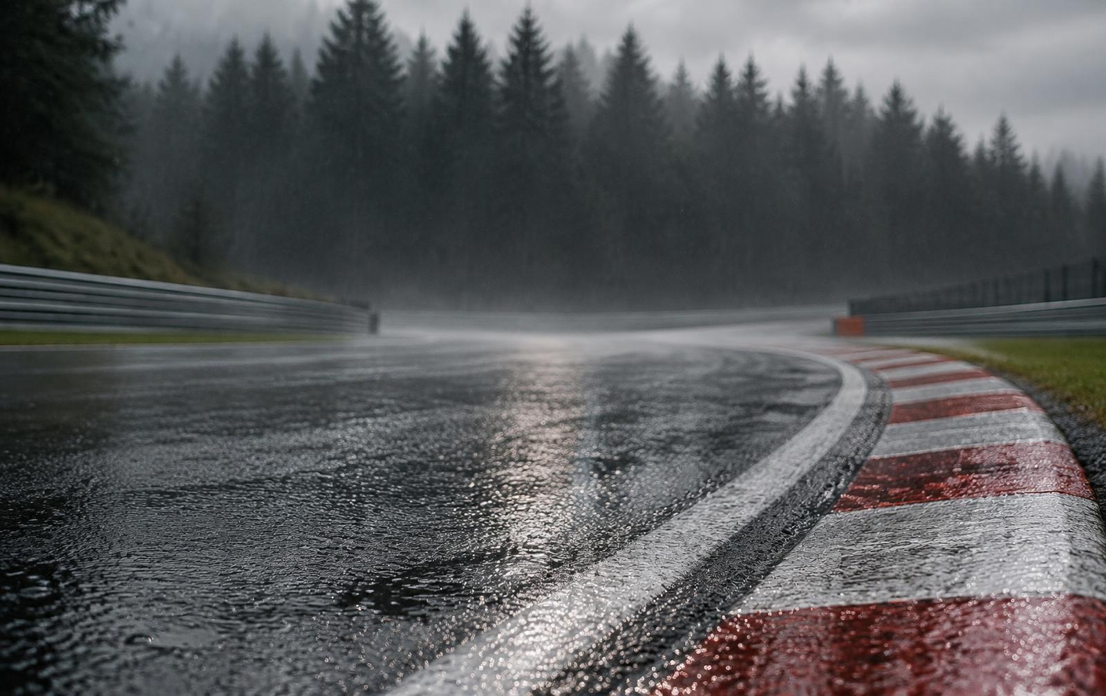 Rain falling on wet racing asphalt with red and white kerbing beside dark pine forest