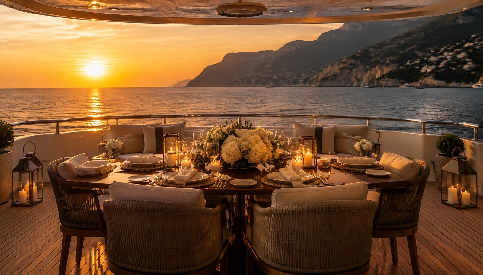 Private yacht deck set for an evening birthday dinner at sunset