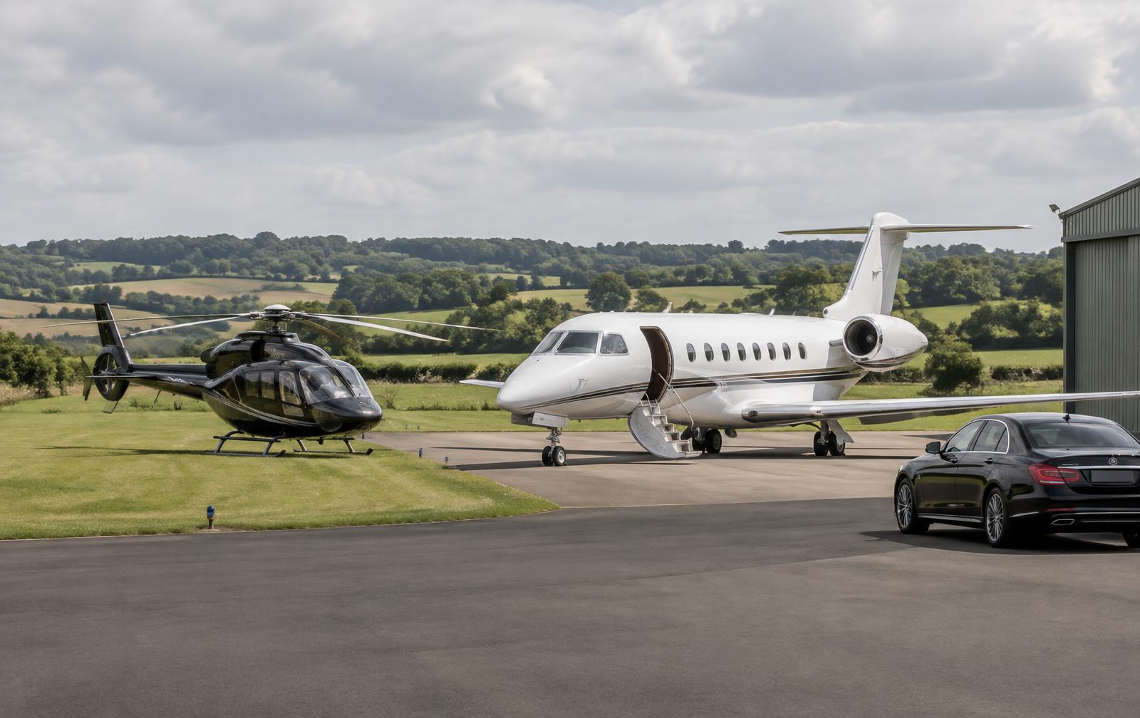 Private jet and helicopter on an English airfield apron with a waiting car
