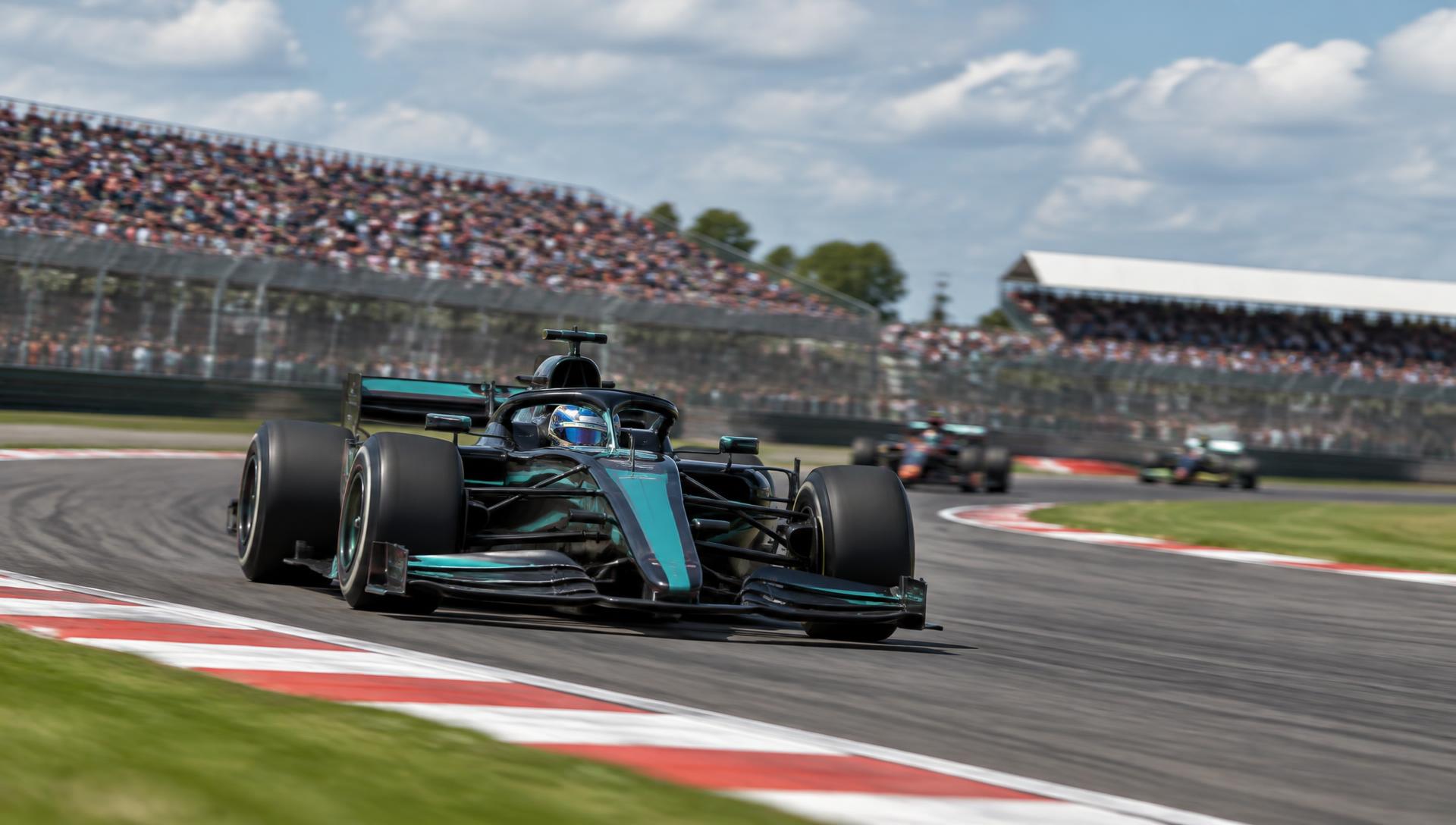 Formula 1 car at full commitment through a fast British circuit corner complex in front of packed grandstands