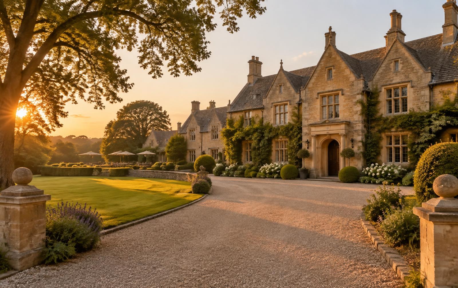 English country house hotel with gravel drive and lawns at golden hour