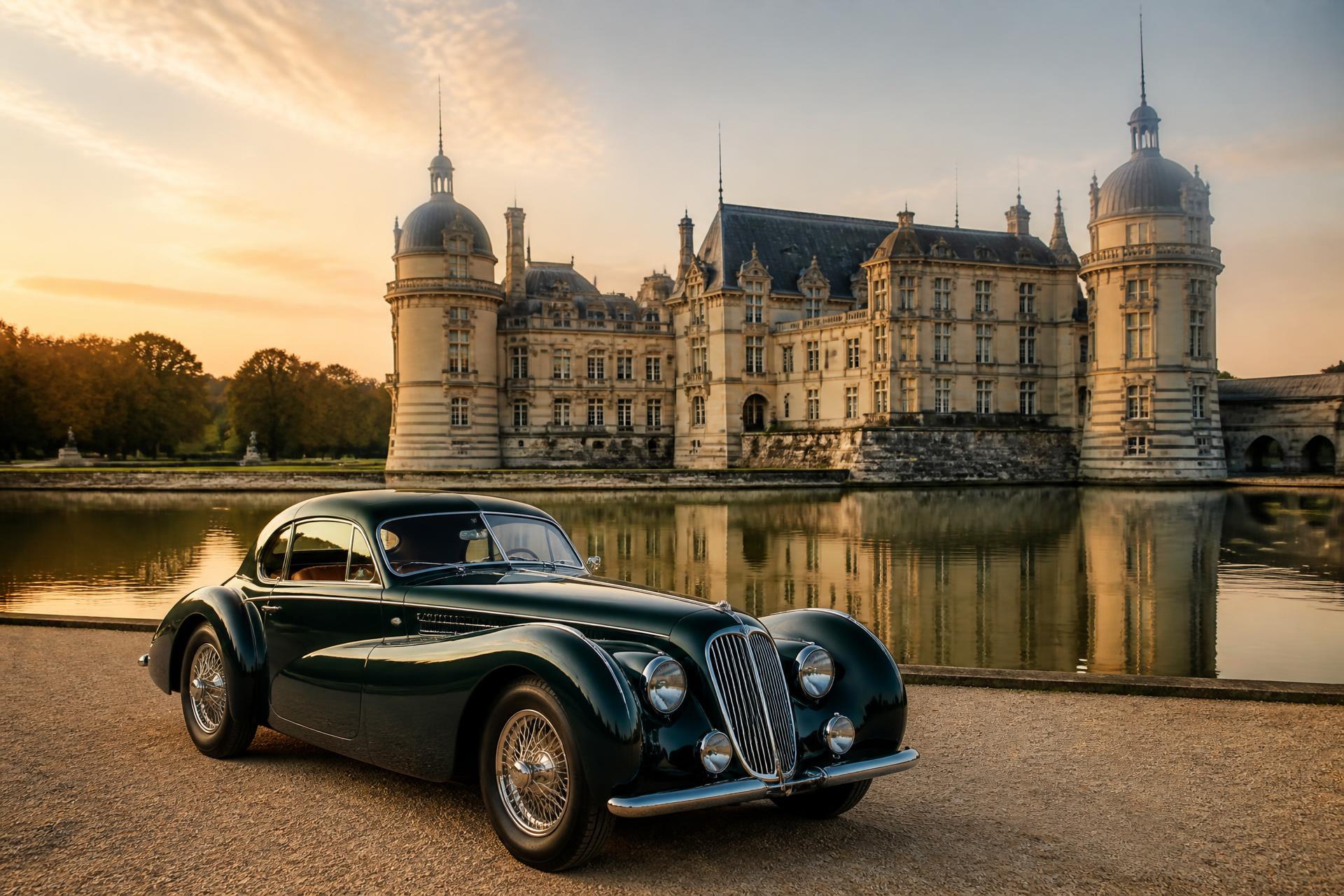 The Château de Chantilly reflected in its moat at golden hour with a dark green classic car in the foreground