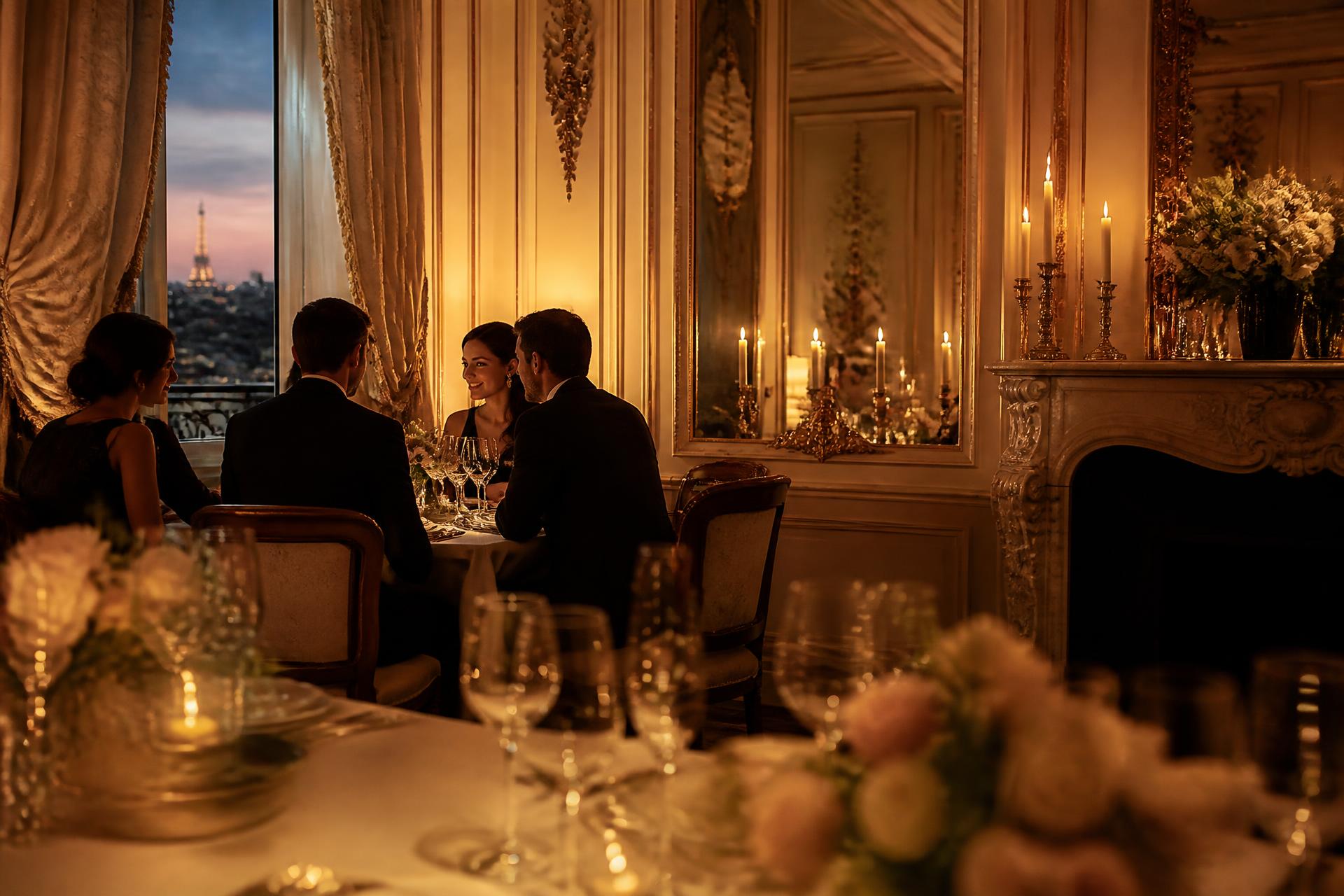 Candlelit private dining room in Paris set with crystal and white linen