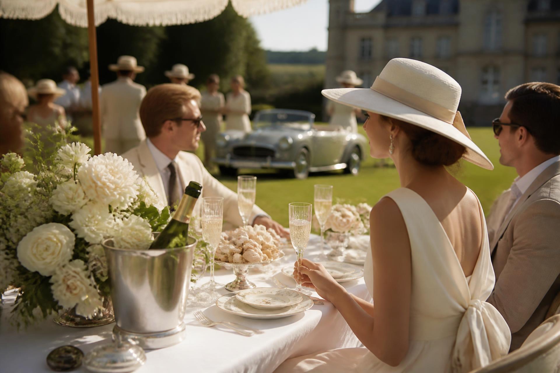 Elegant garden-party table with champagne and fine porcelain on a château lawn beside a classic car