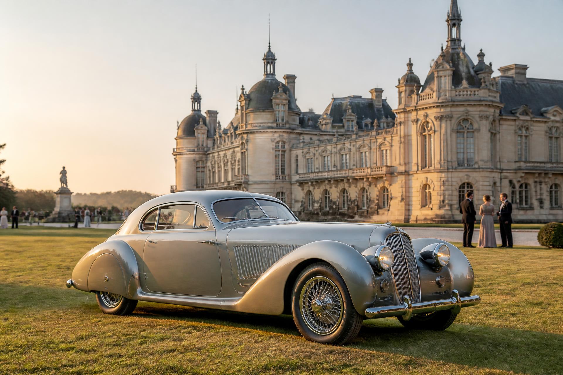 Silver classic concours automobile on the lawn before the Château de Chantilly at golden hour