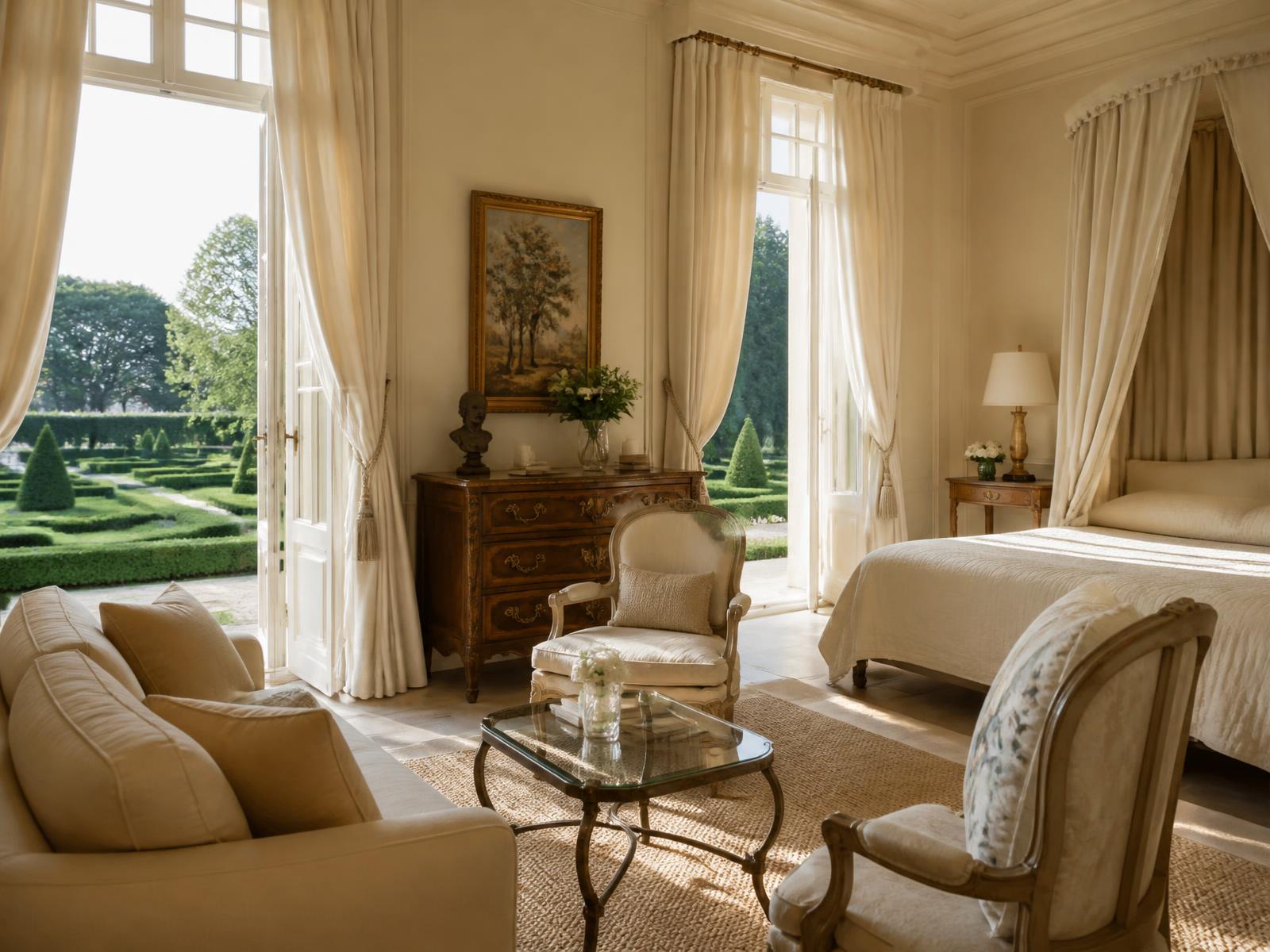 Cream and ivory suite in a French country estate looking onto formal gardens