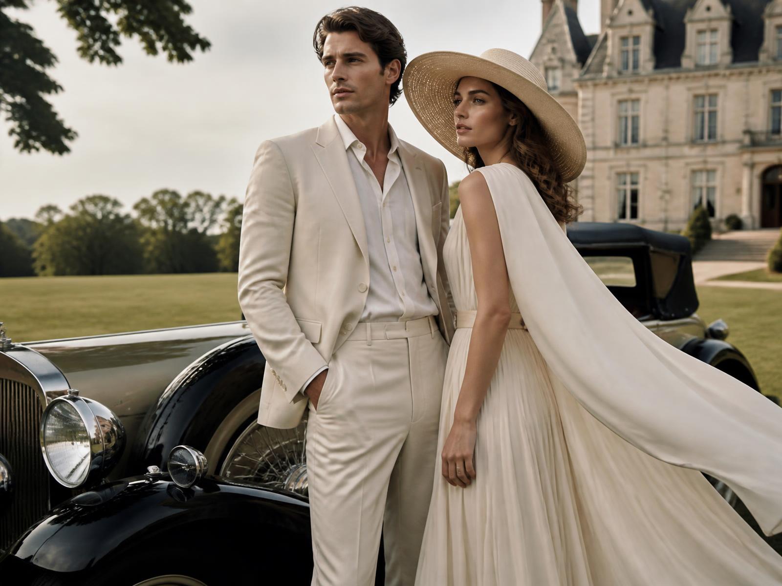 Elegantly dressed guests in summer tailoring and a wide-brimmed hat beside a vintage automobile