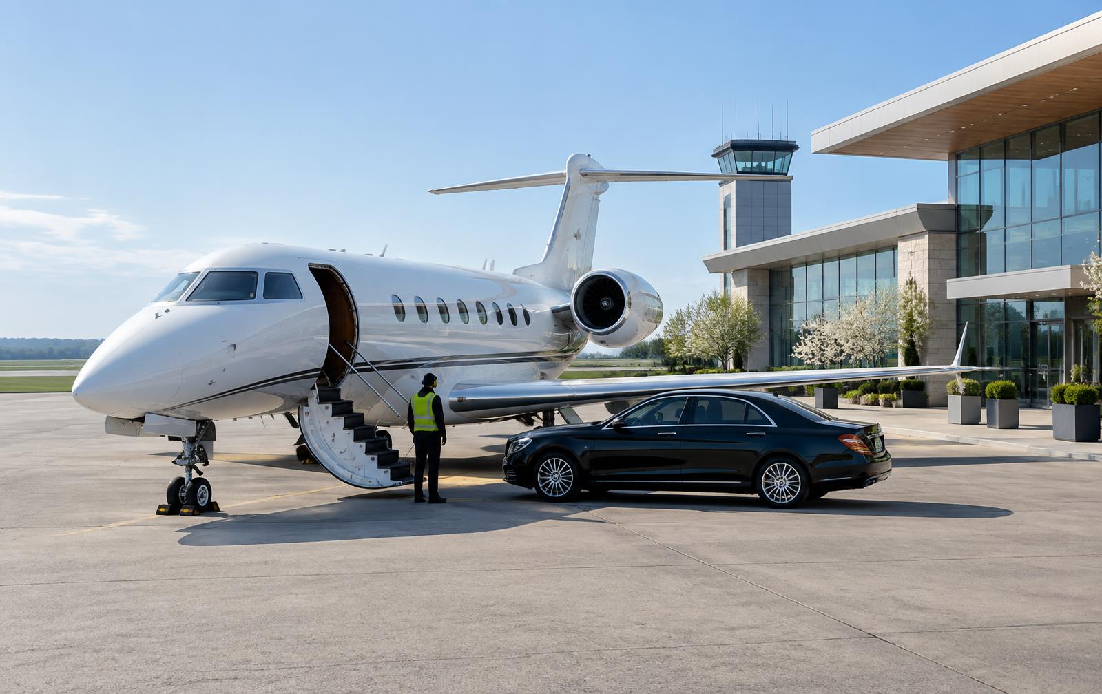 Private jet on a northern apron with a vehicle waiting