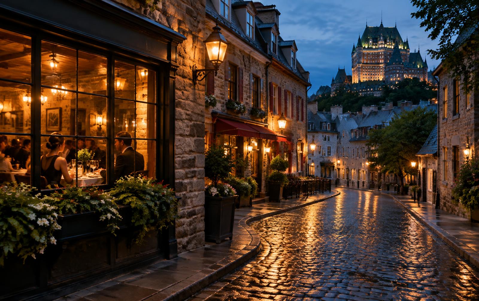 Old Montréal street with terraces in the evening