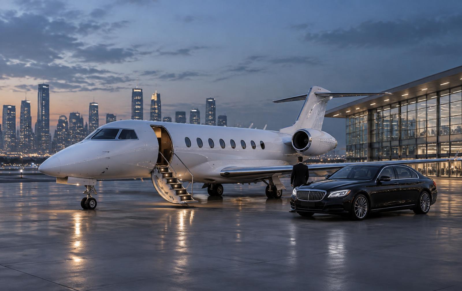 Private jet and waiting sedan on an airport apron with a city skyline behind