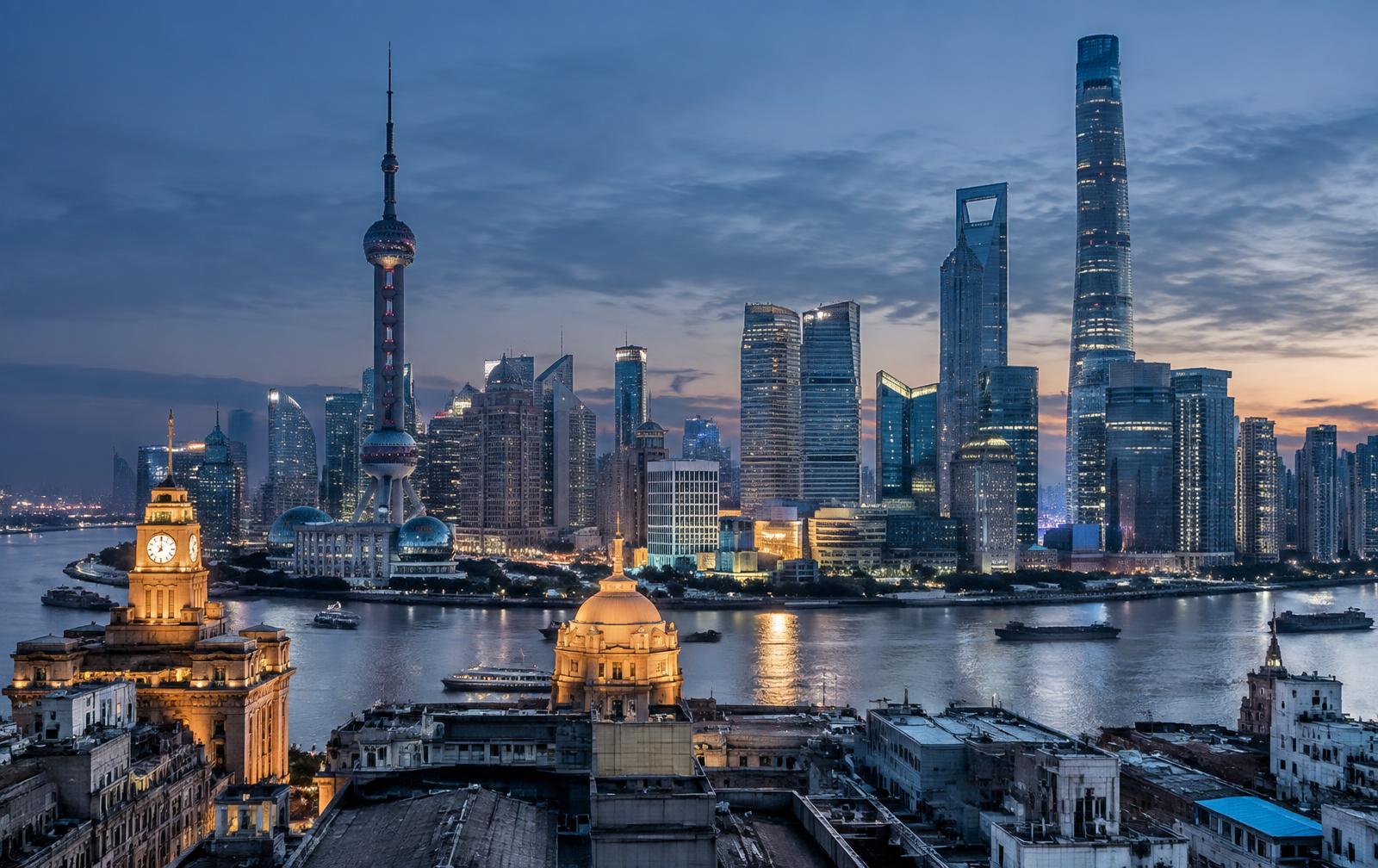 Modern riverside skyline of a Chinese megacity at dusk