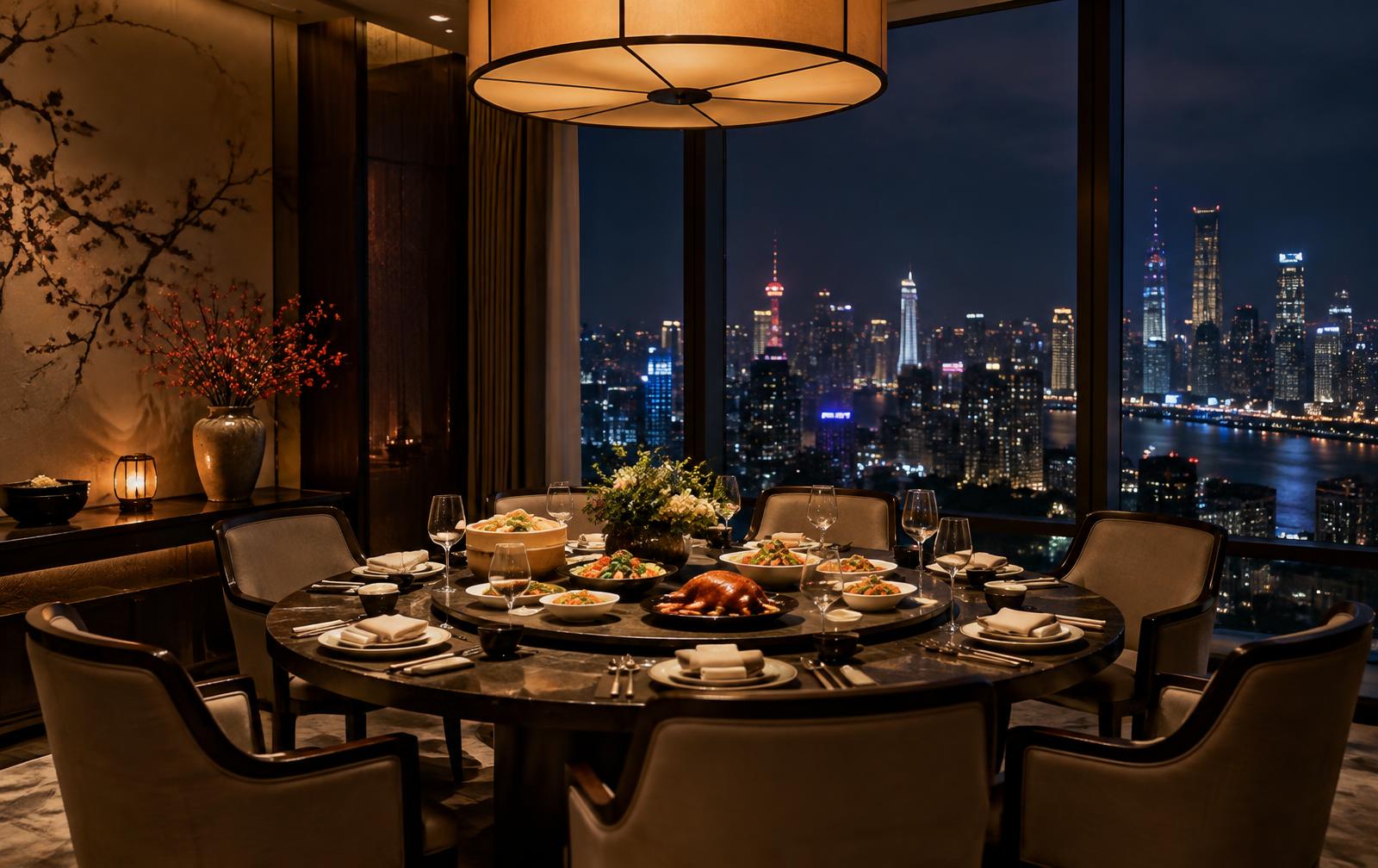 Private dining room with a round table and a city skyline view at night