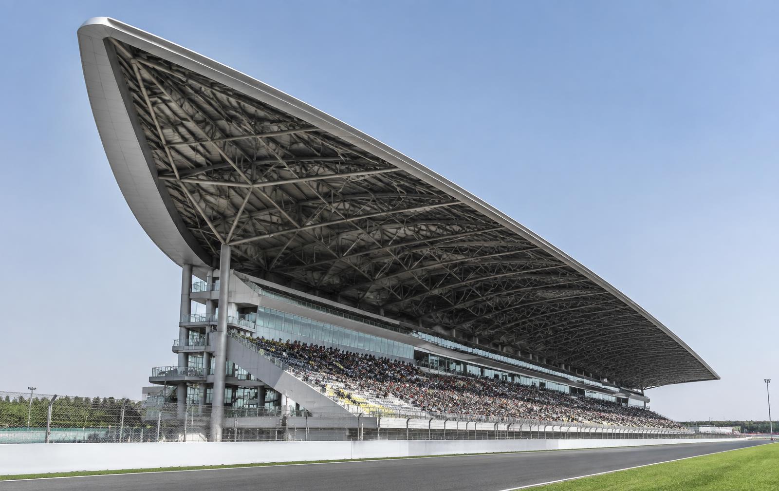 Wing-shaped grandstand roof of a modern grand prix circuit