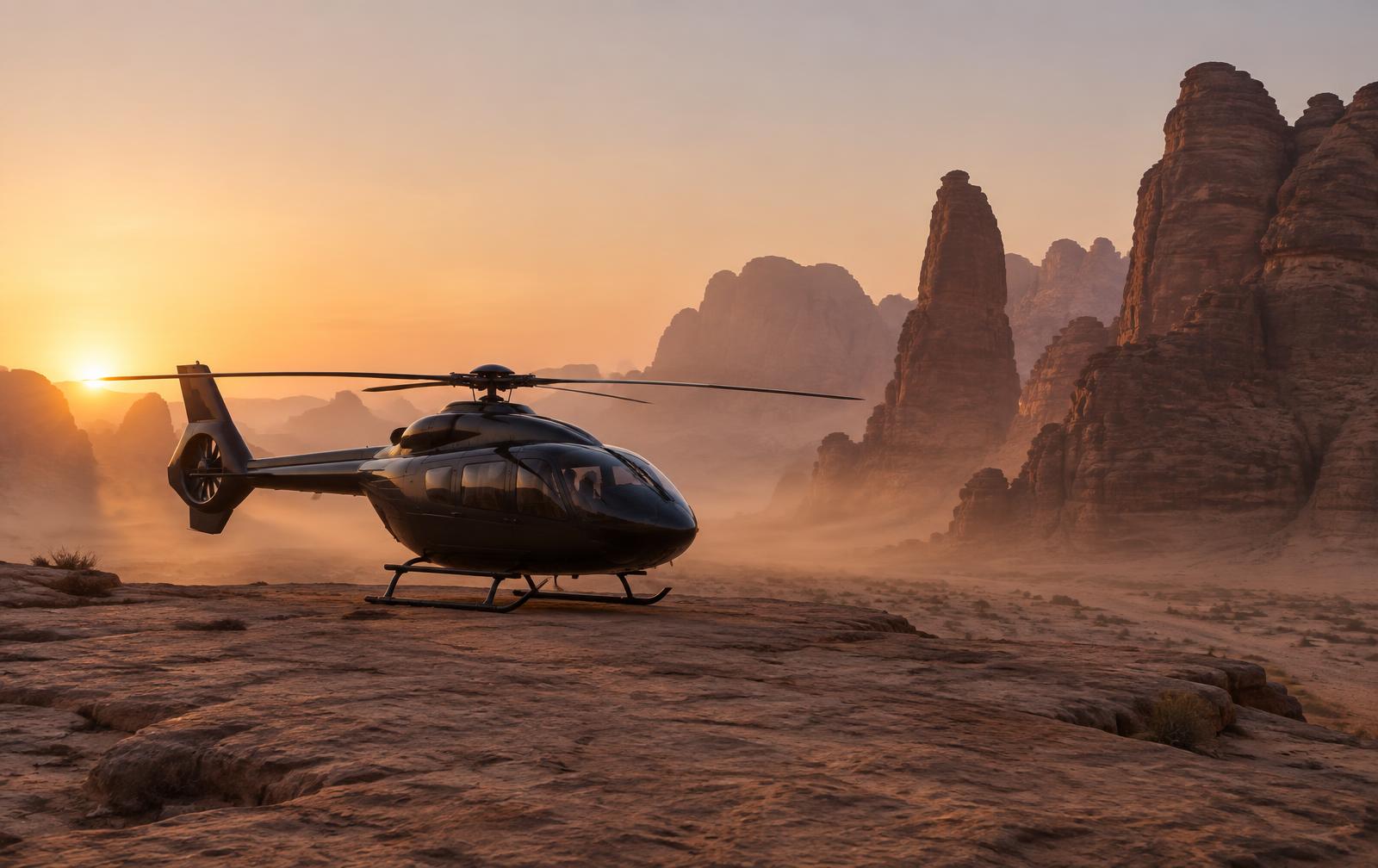 Private helicopter on a desert plateau among sandstone rock formations